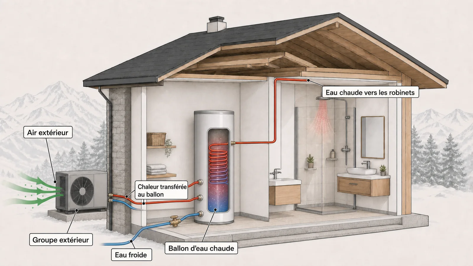 Schéma du fonctionnement d'un chauffe-eau thermodynamique : le groupe extérieur capte les calories de l'air et transfère la chaleur au serpentin du ballon, qui alimente en eau chaude la douche et les robinets.
