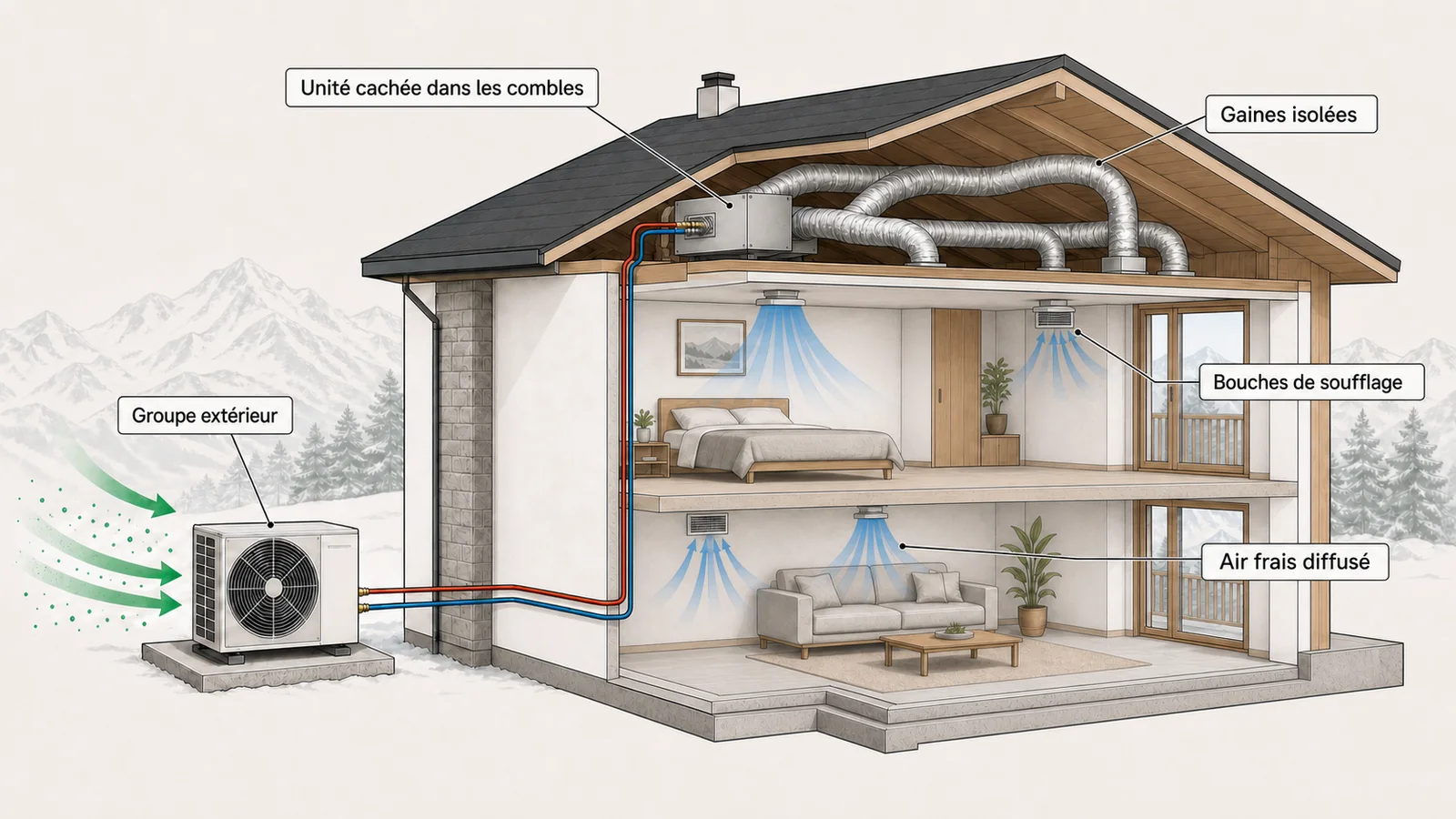 Schéma du fonctionnement d'une climatisation gainable : le groupe extérieur est relié à une unité cachée dans les combles, qui diffuse l'air frais par des gaines isolées jusqu'aux bouches de soufflage au plafond de chaque pièce.