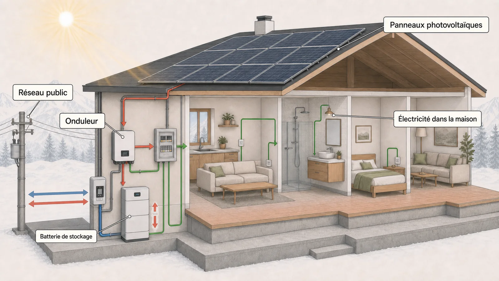 Schéma du fonctionnement d'une installation photovoltaïque en autoconsommation : les panneaux posés en toiture alimentent un onduleur, l'électricité part vers la maison, le surplus rejoint une batterie de stockage ou le réseau public.