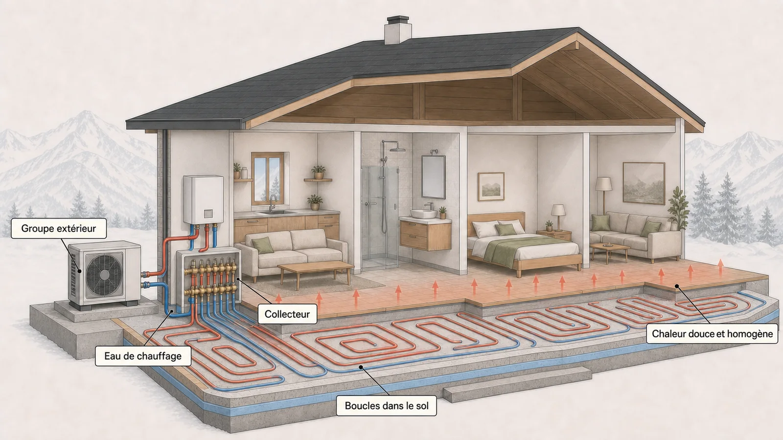Schéma du fonctionnement d'un plancher chauffant alimenté par une pompe à chaleur : le collecteur répartit l'eau de chauffage dans les boucles noyées dans la dalle, qui diffusent une chaleur douce et homogène dans toute la maison.
