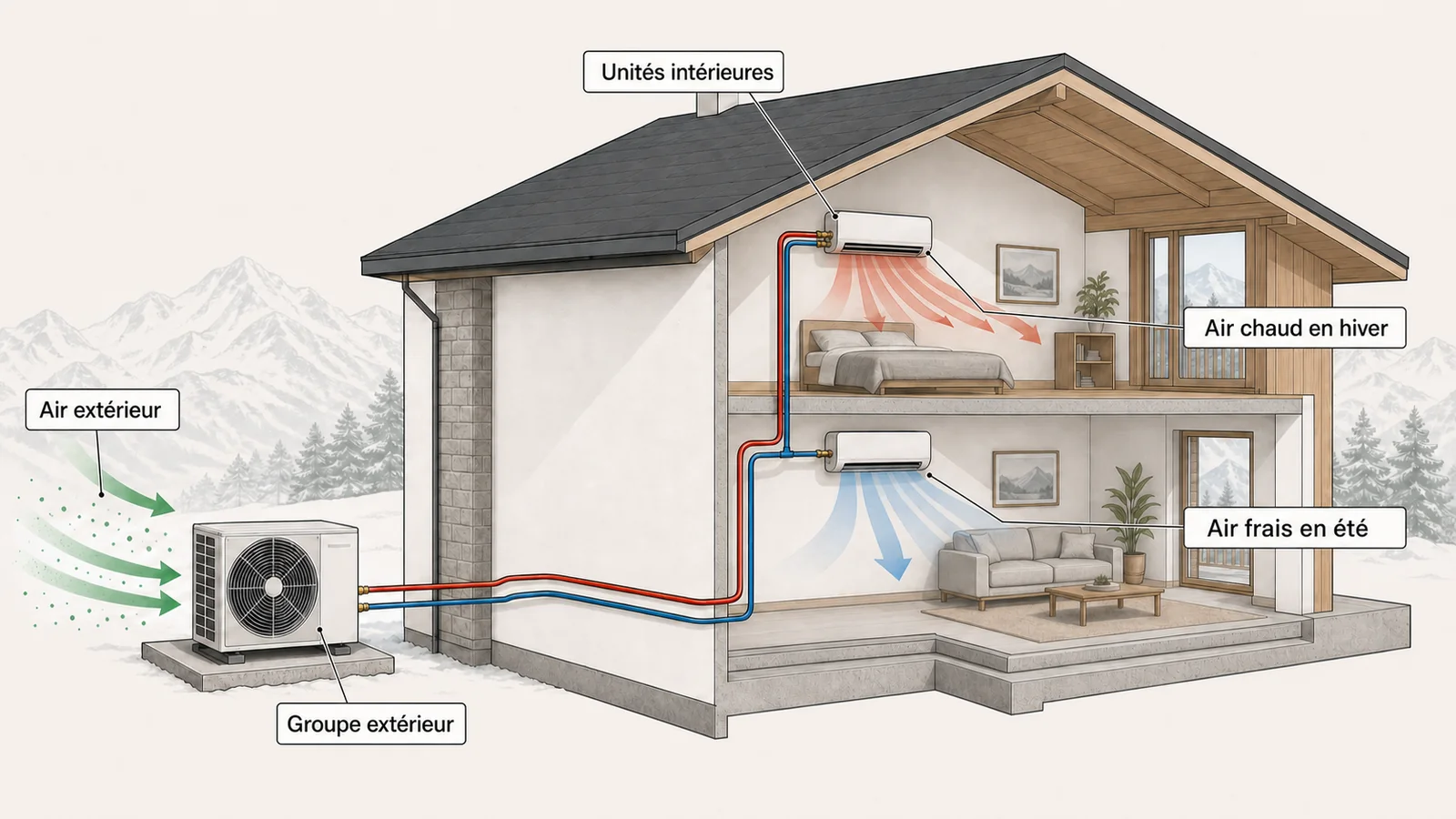 Schéma du fonctionnement d'une pompe à chaleur air/air : le groupe extérieur capte les calories de l'air, deux liaisons frigorifiques alimentent les unités intérieures qui soufflent de l'air chaud en hiver et de l'air frais en été.