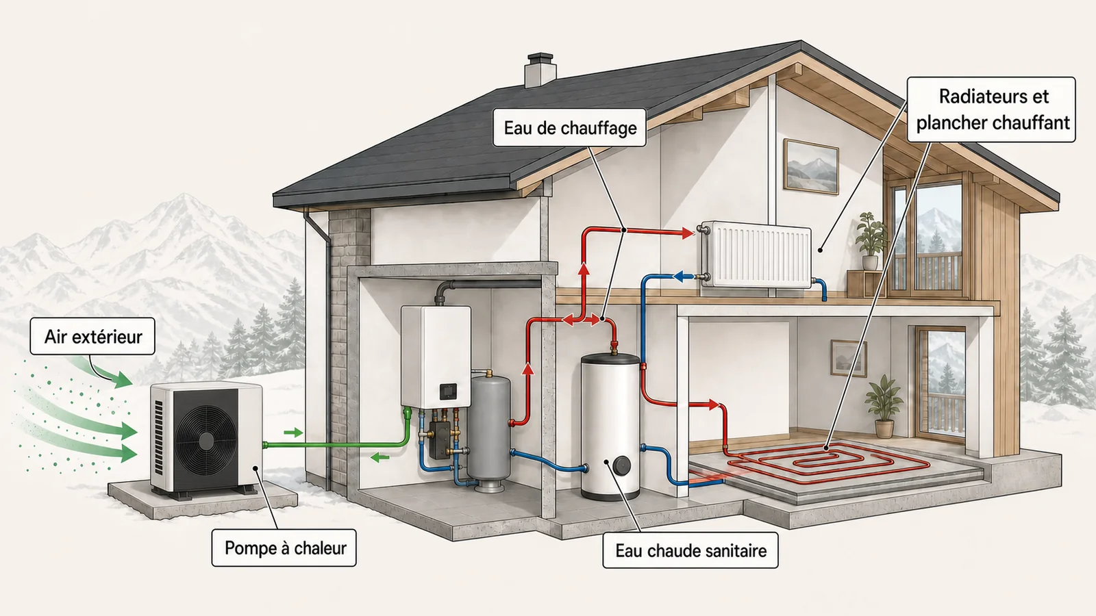 Schéma du fonctionnement d'une pompe à chaleur air/eau dans une maison de montagne : le groupe extérieur capte les calories de l'air, le module intérieur alimente l'eau de chauffage, les radiateurs, le plancher chauffant et le ballon d'eau chaude sanitaire.