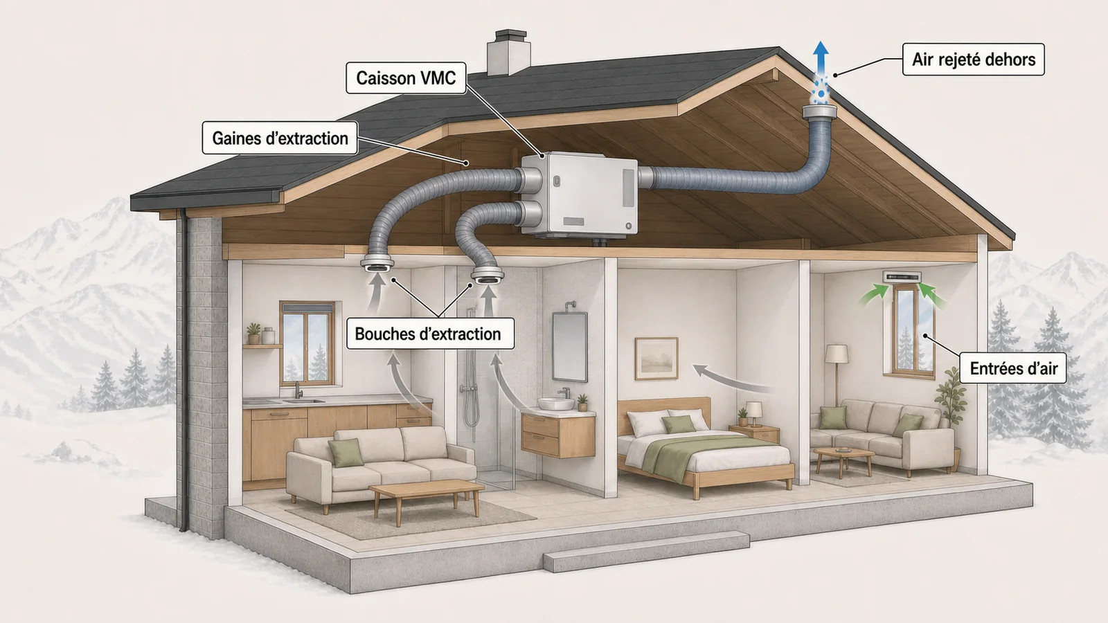 Schéma du fonctionnement d'une VMC simple flux : l'air neuf entre par les entrées d'air des fenêtres, traverse le logement, puis les bouches d'extraction de la cuisine et de la salle de bains l'envoient au caisson, qui le rejette en toiture.