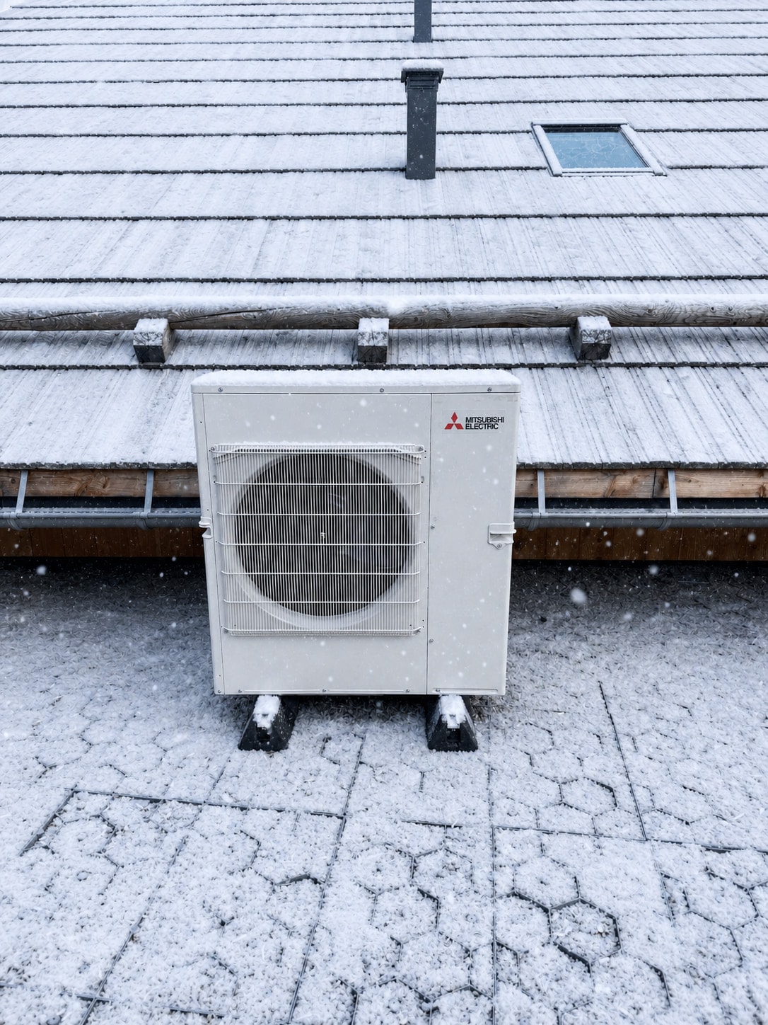 Unité extérieure de pompe à chaleur en fonctionnement sous la neige, sur une terrasse de chalet