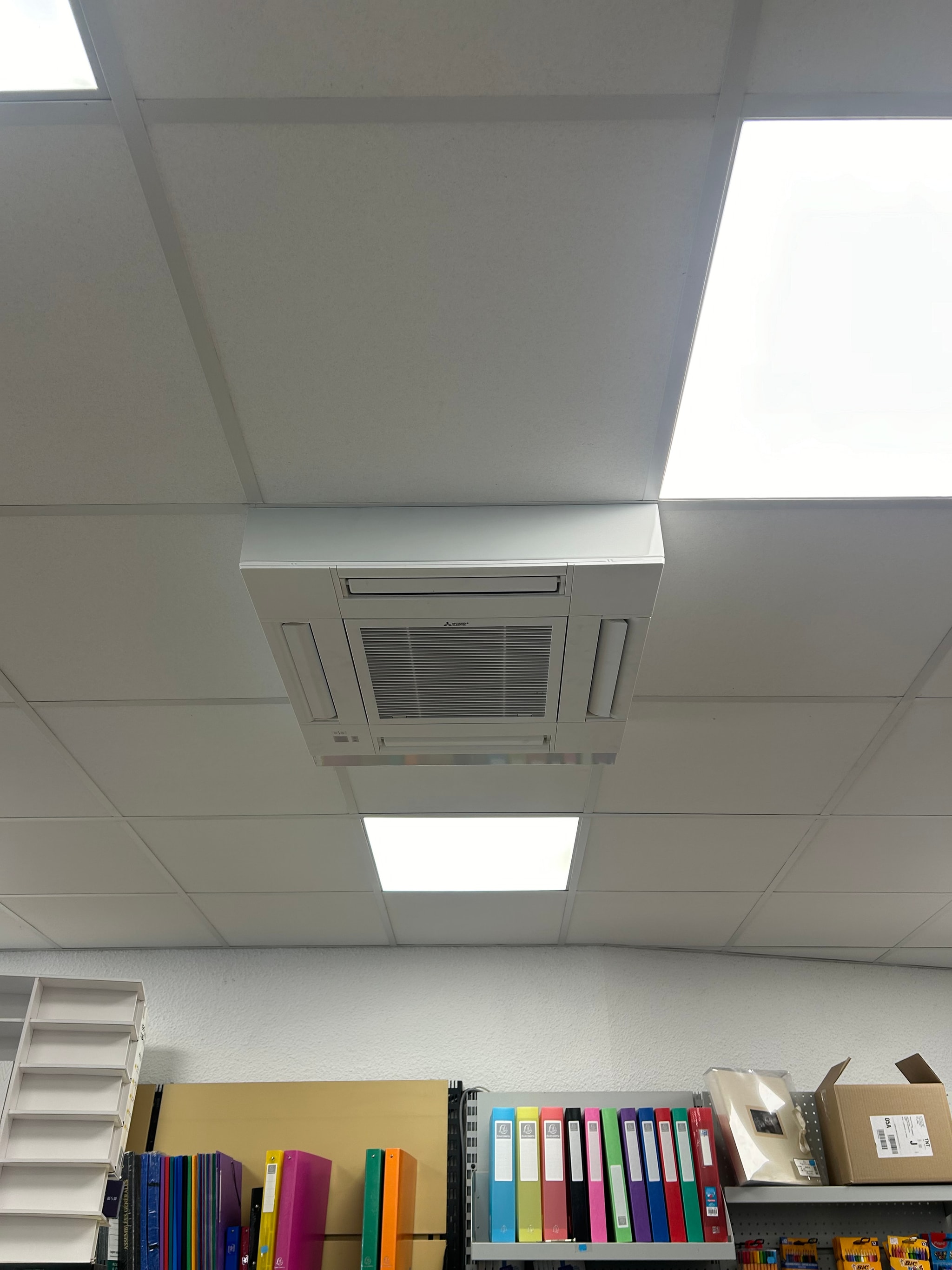 Cassette posée en saillie sous le faux plafond de l'espace de vente, commerce à L'Argentière-la-Bessée